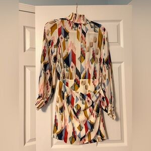 Sézane Printed Mini Dress Size 38 Smocked Neck Tie Waist